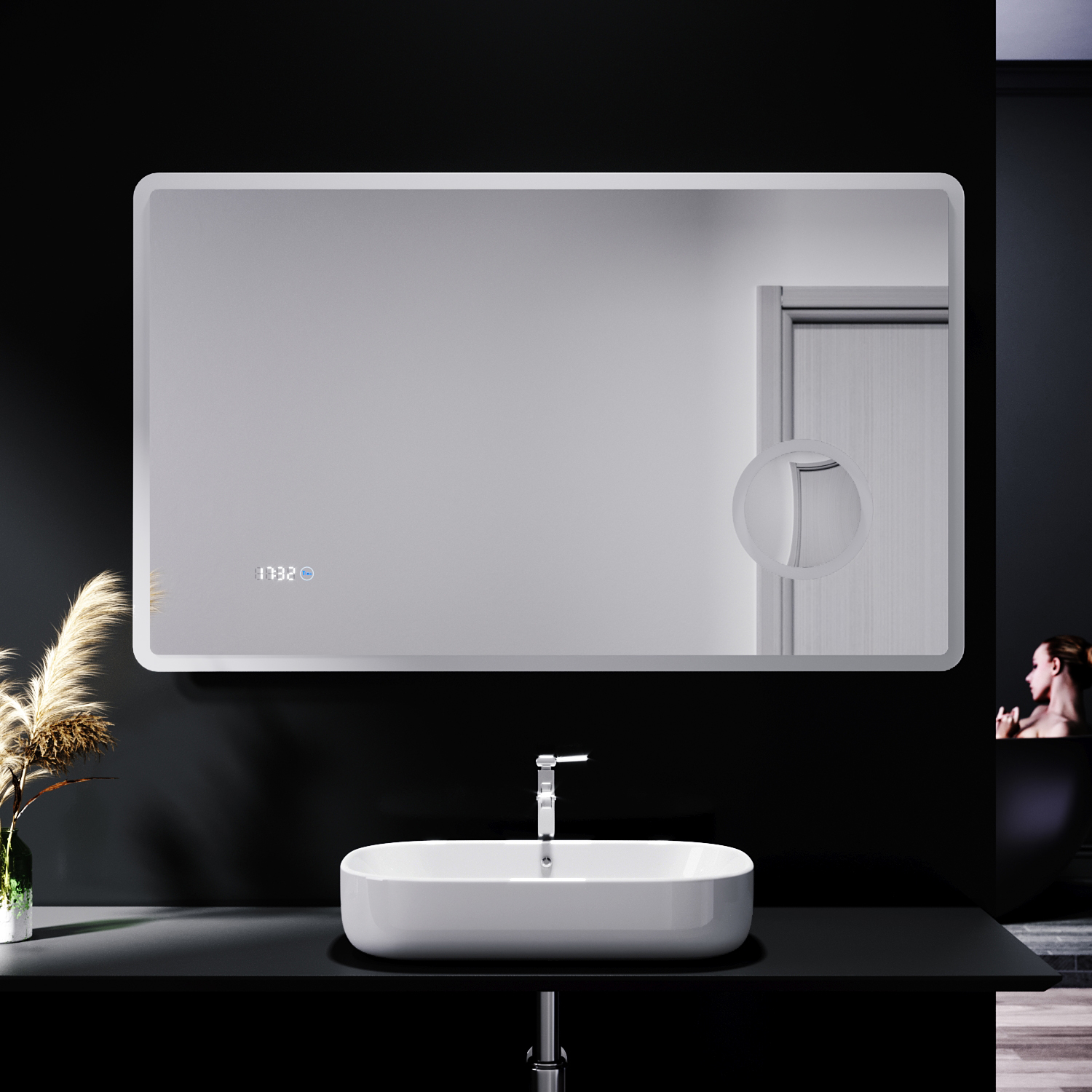 LED Bathroom Mirror with Shaver Socket Clock Demister Infrared Sensor